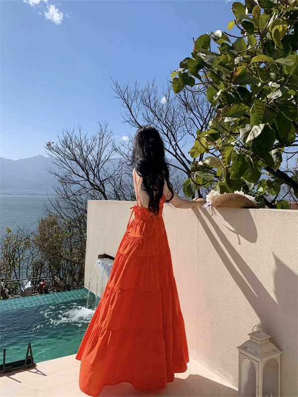 Fashion women's wear Yunnan Travel Photography Fairy Dress Orange Deep V-neck Backless Sling Dress Sanya Seaside Beach Skirt Female