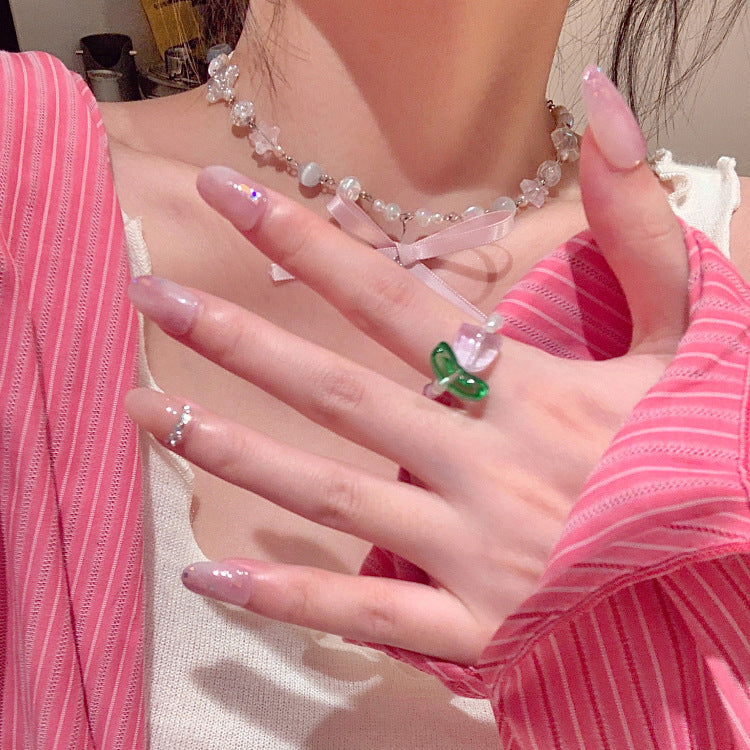 甜美小清新郁金香串珠戒指女小众设计时尚个性食指戒简约百搭配饰