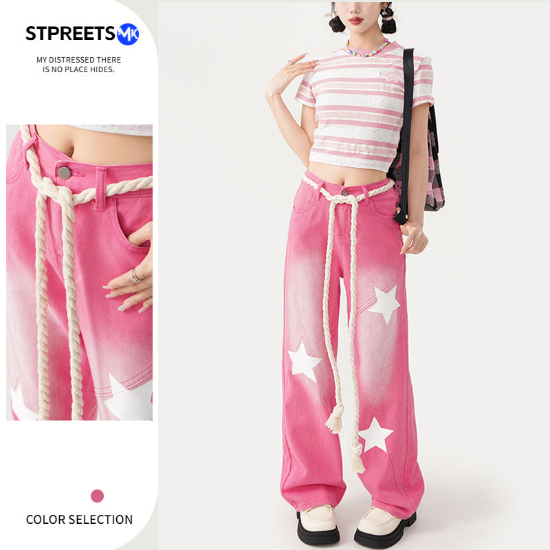 Free shipping  Dopamine wears pink star embroidered jeans for women's summer new high-waisted and thin straight wide-leg trousers pants