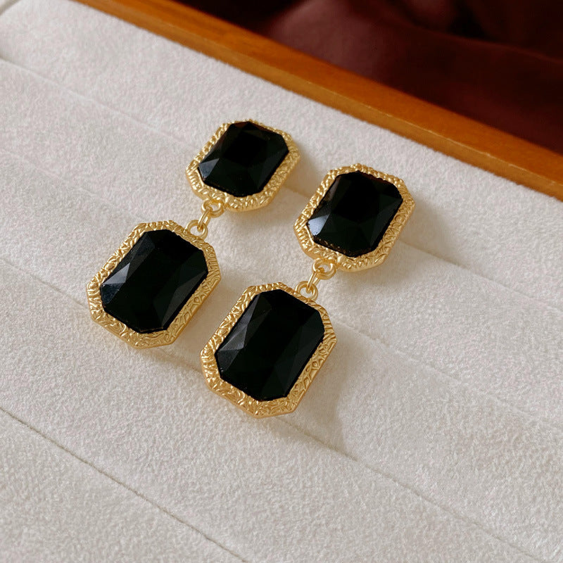 中古vintage耳环 925银针黑色复古轻奢耳钉女气质设计感耳饰批发