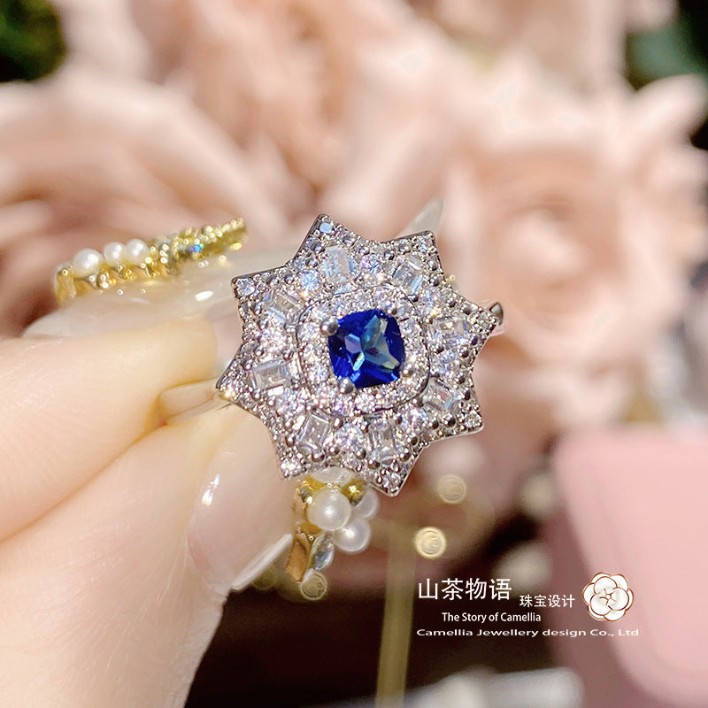 Cameliia直播货源 镶仿天然阿盖尔粉戒指 八芒星镶金黄方钻指环女