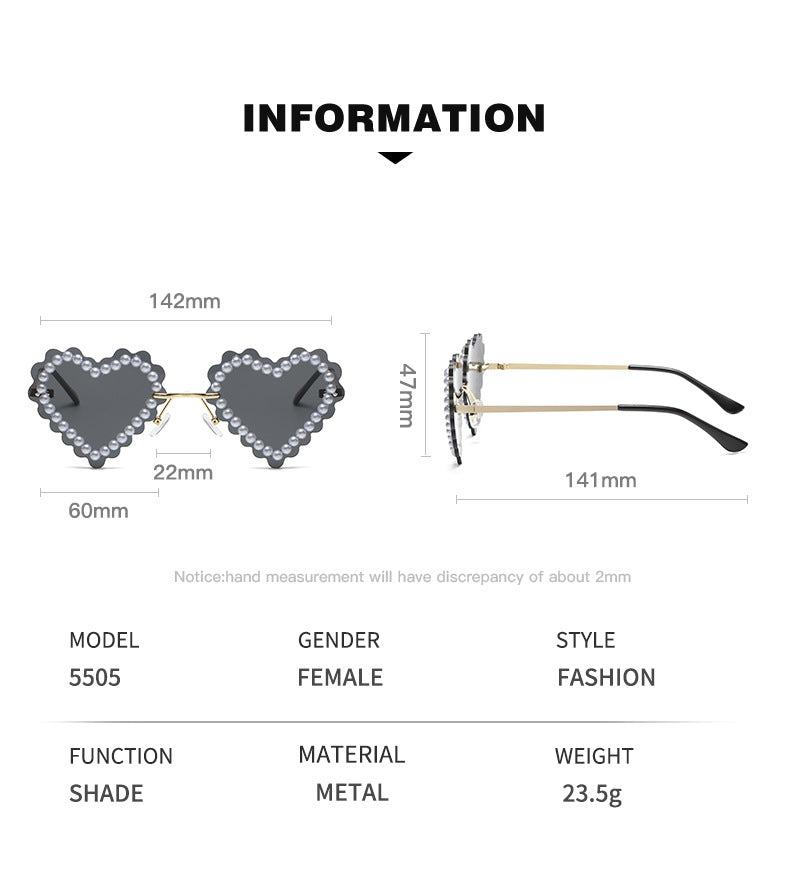 Women's fashion glasses 欧美新款无框切边镶珍珠爱心太阳镜网红街拍墨镜跨境水钻潮眼镜