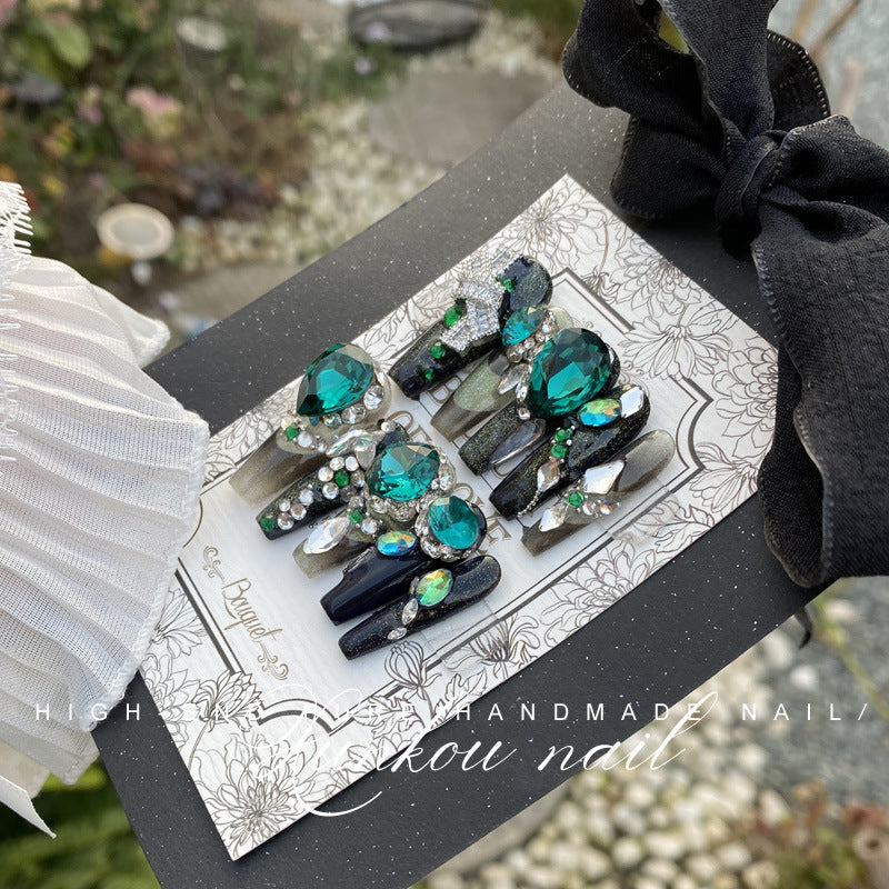 Hand-Made Nail Factory Straight Hair Green Cat Eye Flash Luxury Blue Smile Cat Eye Gradient Bow