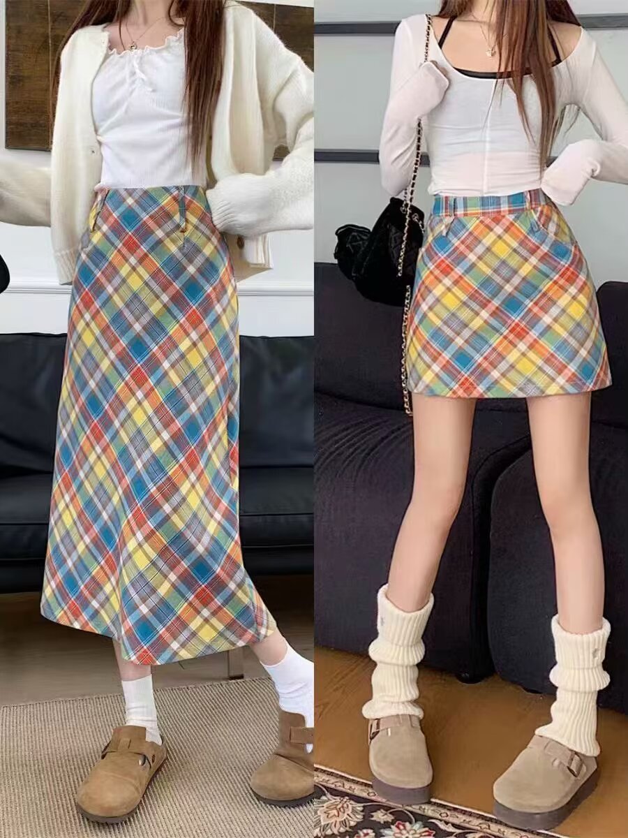 Dopamine dress Free shipping Tattoo Spring, autumn and winter American retro dopamine color skirt fat mm women's high waist and thin hip covering plaid hip wrap skirt