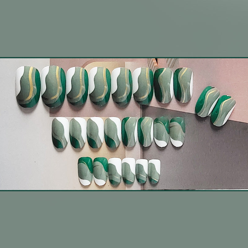 绿金线条穿戴甲简约指甲贴片跨境美甲片外贸款假指甲美甲贴片成品
