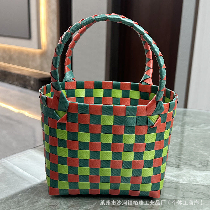 Dopamine Bag Free shipping Tattoo Cartoon dopamine plastic woven bag, trendy macaron hand-woven vegetable basket bag, cute casual seaside beach bag