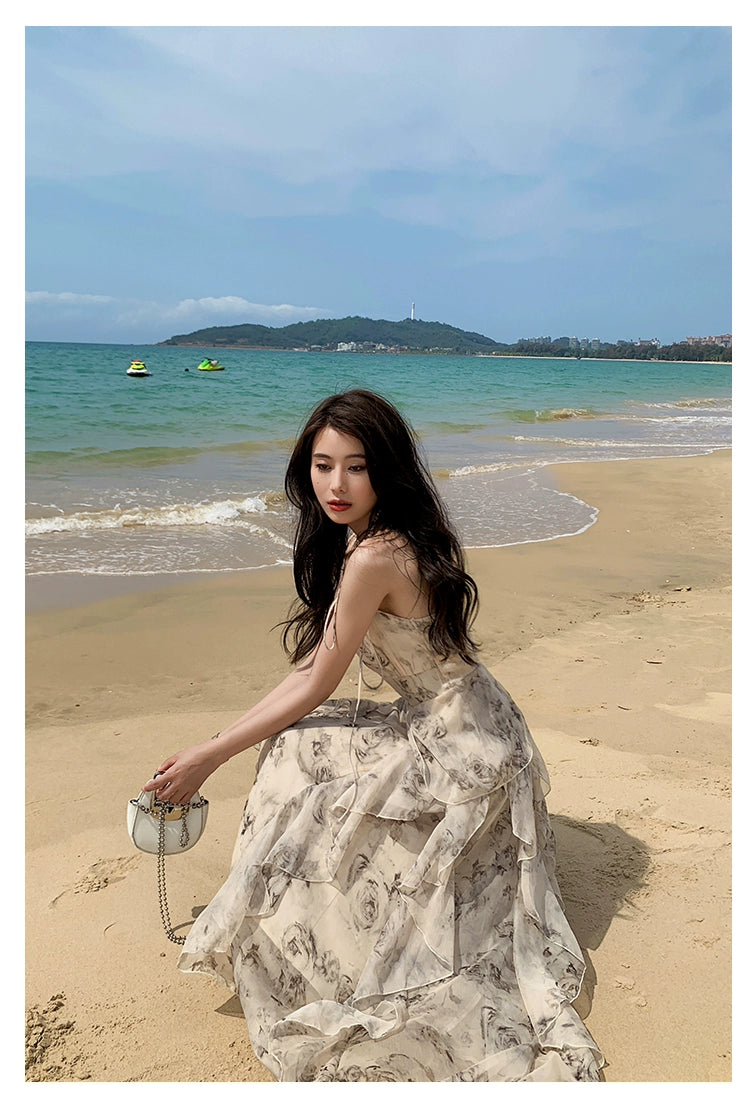 Fashion women's wear Phantom Fairy Ink Blue and White Suspender Dress Sanya Holiday Beach Skirt Irregular Ruffled Floral Dress
