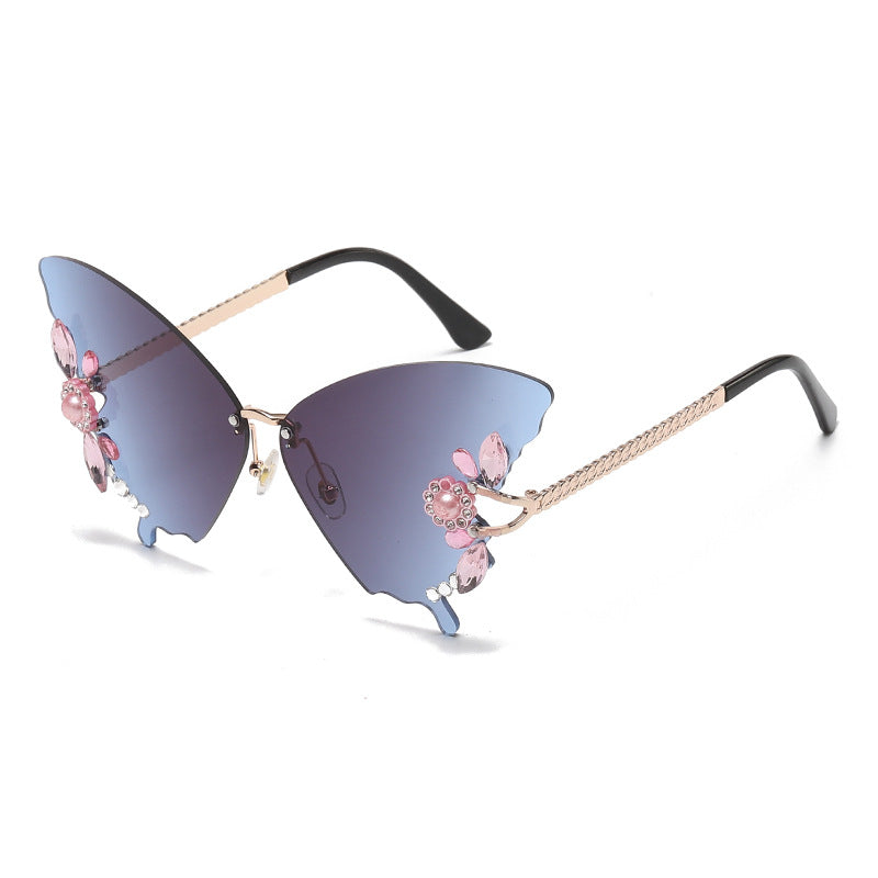 Women's fashion glasses 欧美跨境新款舞会蝴蝶形状镶钻无框太阳镜女夸张墨镜女圆脸大脸