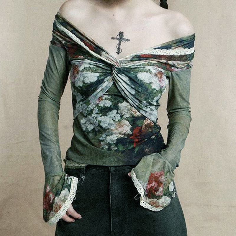 Fashion women's wear Q23tp800 Retro Oil Painting Printing Online off-Neck Long Sleeve Top Women's Slim Fit Slimming Summer New