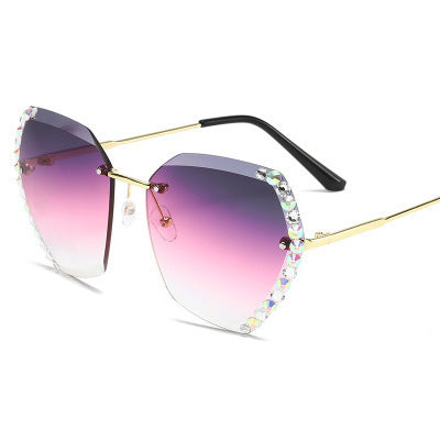 Women's fashion glasses 新款墨镜女韩版潮无框水晶切边太阳眼镜女士防紫外线镶钻太阳镜