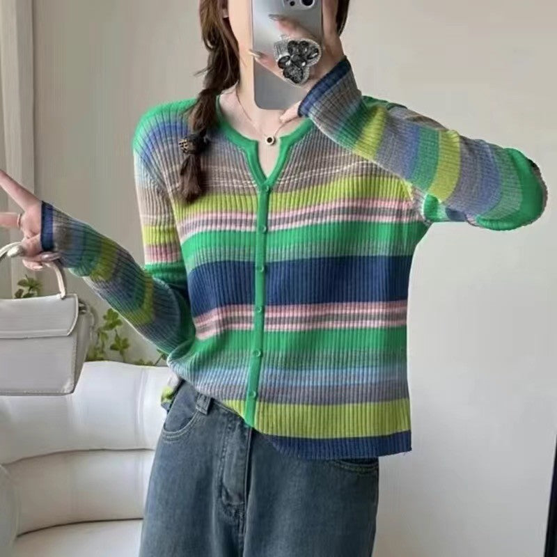 Dopamine tops Free shipping Tattoo Early autumn new striped versatile contrasting colors rainbow dopamine wear long-sleeved V-neck knitted sweater women