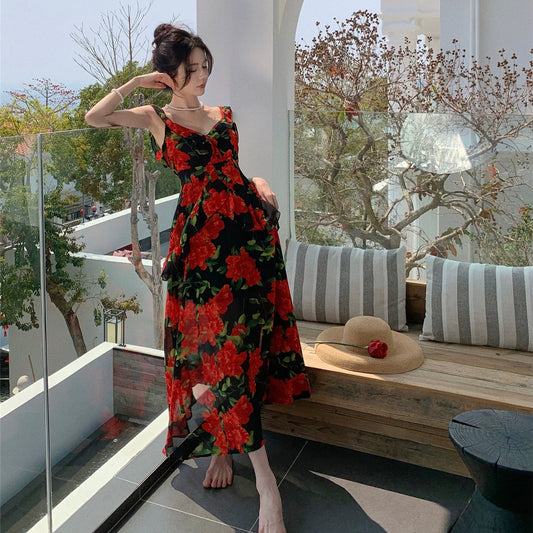 Fashion women's wear French Retro Tea Break Sling Ankle-Length Dress Women's Summer Seaside Holiday V-neck Rose Backless Slimming Dress