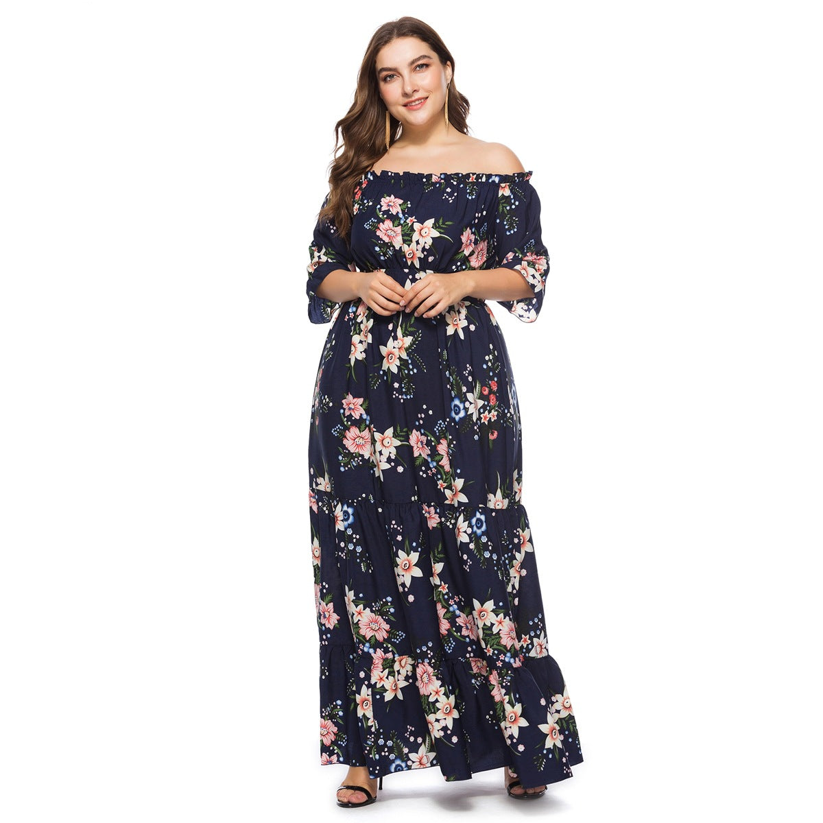 Fashion women's wear 2024   plus Size Women's Clothes Summer Popular off-Neck Plump Girls Bohemian Beach Dress Sq0095b