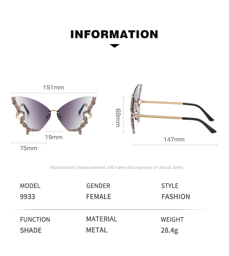 Women's fashion glasses 跨境2024新款蝴蝶形状镶钻无框太阳镜女时尚个性夸张墨镜欧美网红