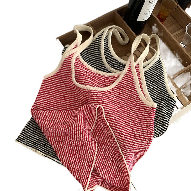 Dopamine tops Free shipping Tattoo Real photo Dopamine unique chic design striped sling vest women's spring and summer new sleeveless top
