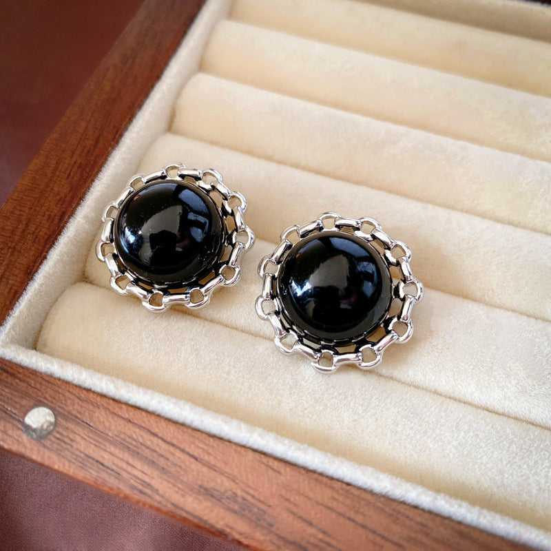 中古vintage耳环 925银针黑色复古轻奢耳钉女气质设计感耳饰批发
