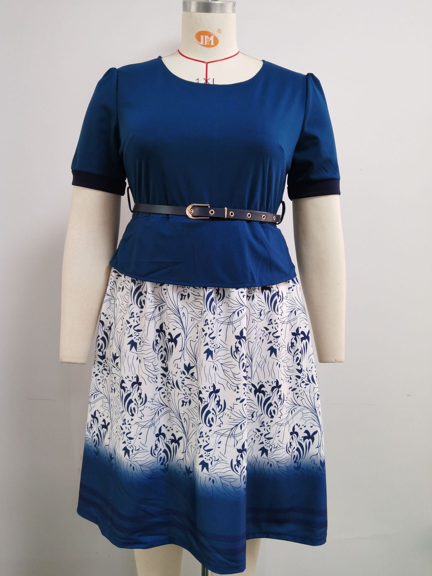 Fashion women's wear 2XL 6XL   plus Size Women's Clothing New round Neck Short Sleeve Wide Hem Printed Stitching Dress Jx024