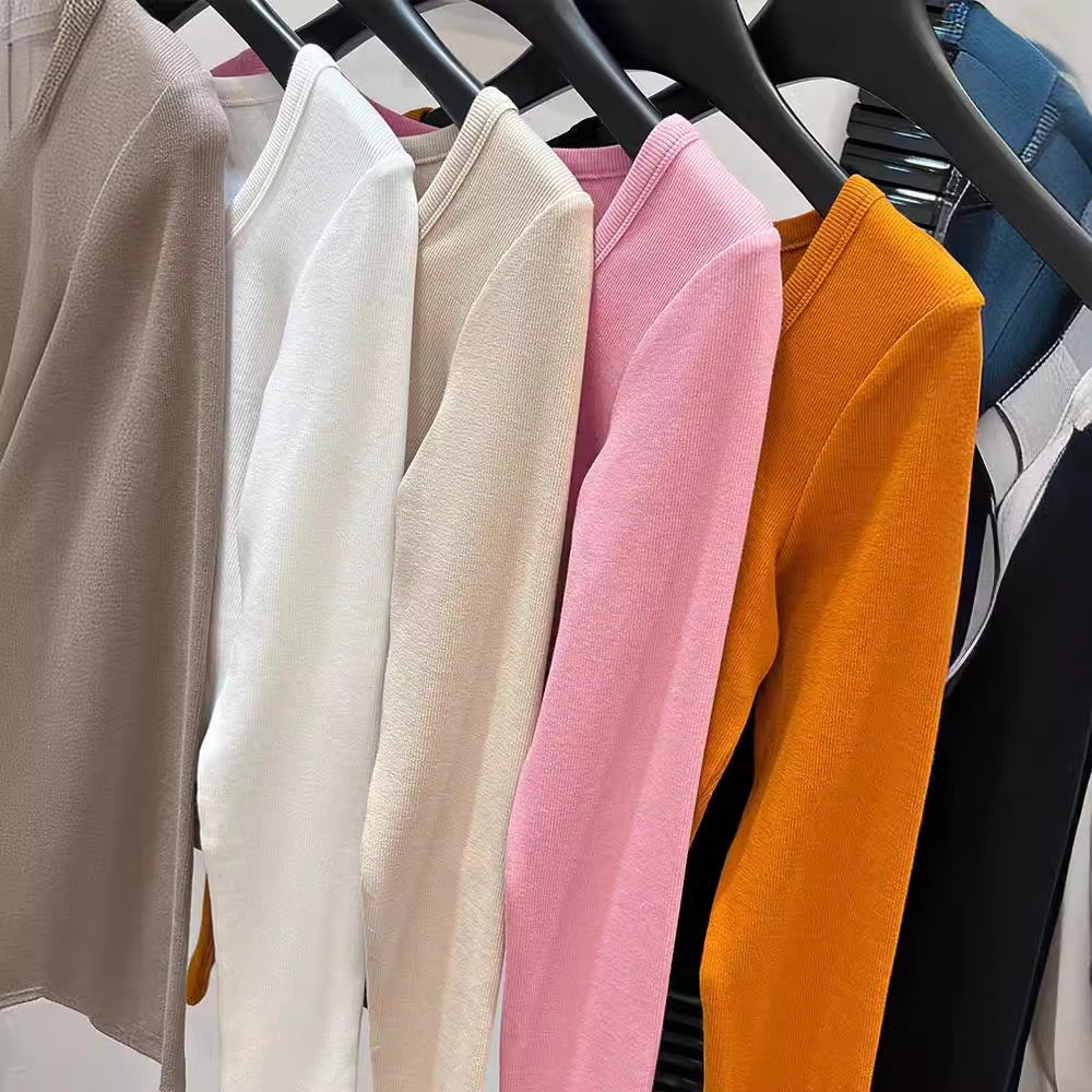 Dopamine tops Free shipping Tattoo Dopamine Wear Pumpkin Orange Shoulder Long Sleeve T-Shirt Women's Early Autumn Spice Girl Slim Short Square Neck Bottom Shirt Top