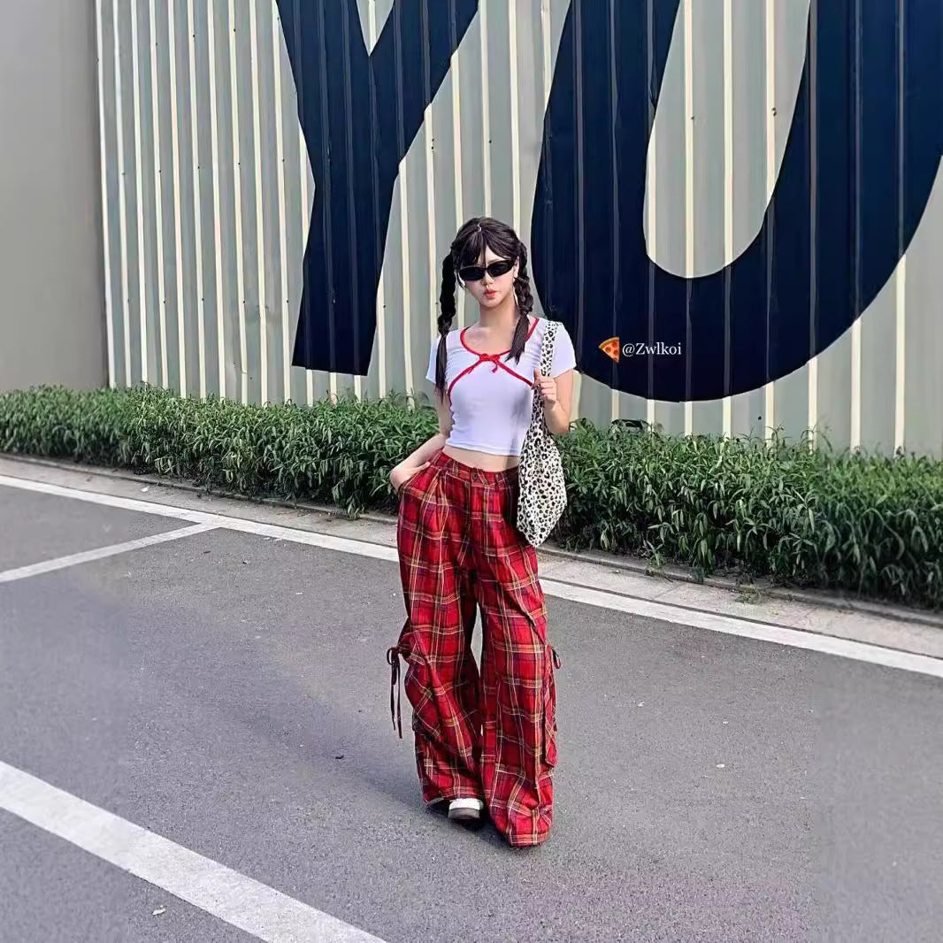 Free shipping retro dopamine plaid yellow pants women's loose bf lazy style thin pear figure casual trousers pants