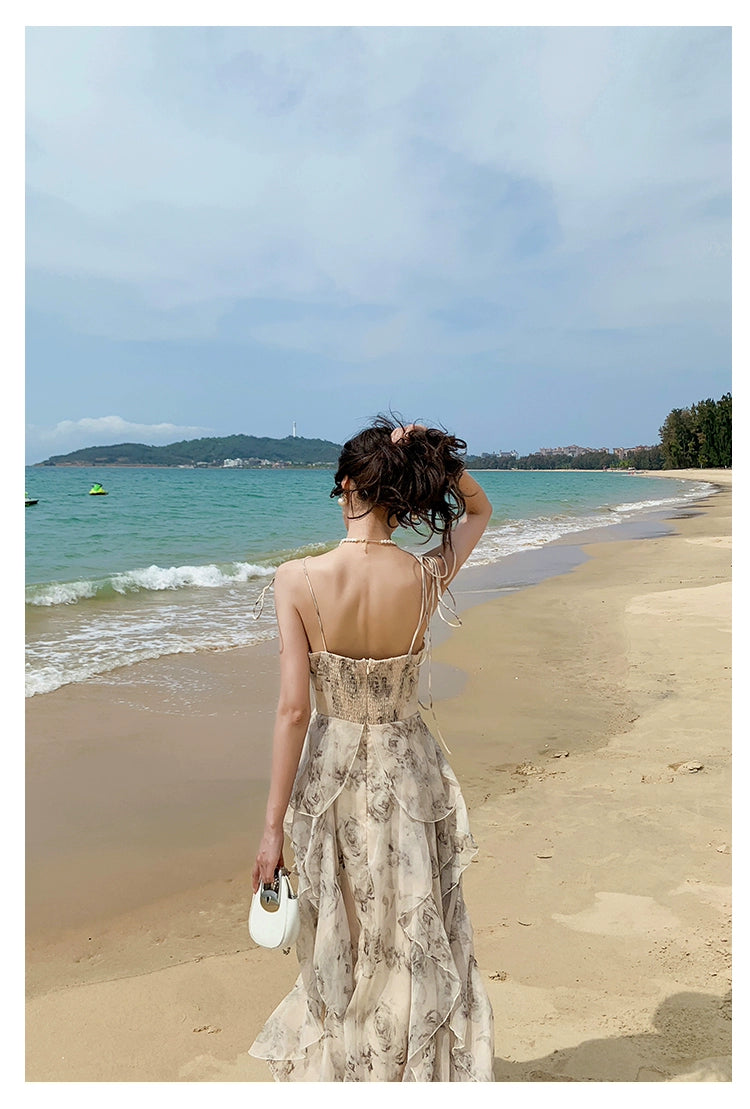 Fashion women's wear Phantom Fairy Ink Blue and White Suspender Dress Sanya Holiday Beach Skirt Irregular Ruffled Floral Dress