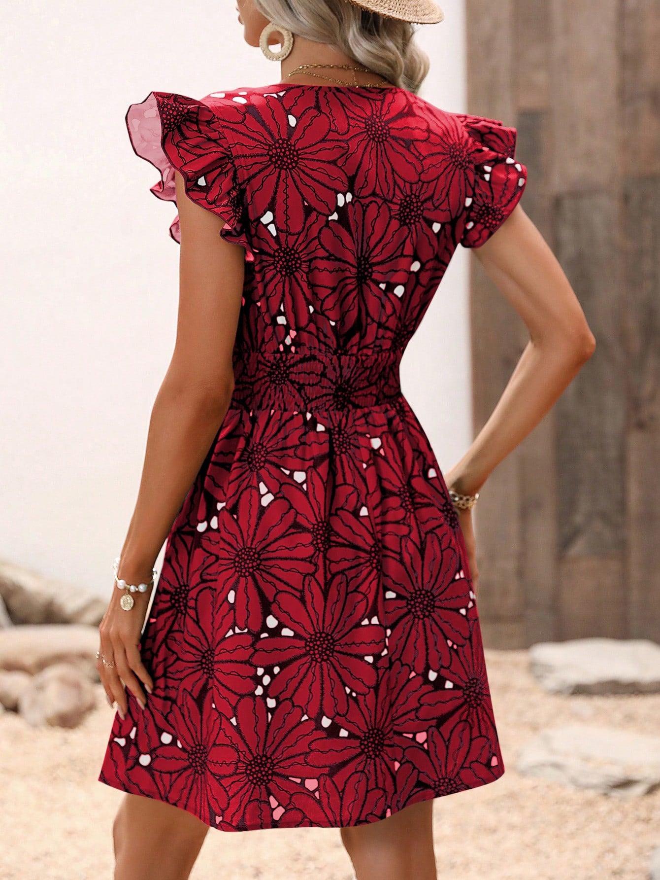 Fashion women's wear Summer 2024 Cross-Border Foreign Trade V-neck Tight Waist Sexy Large Flower Ruffled Sleeveless Dress