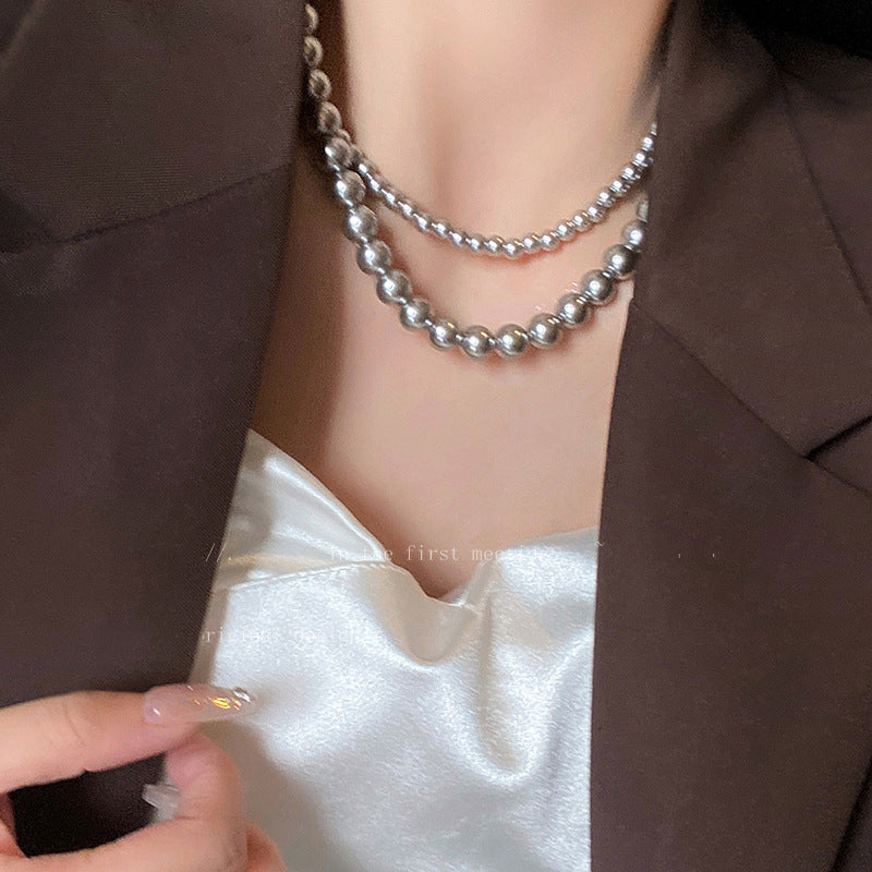 施家灰珍珠毛衣项链女轻奢气质锁骨链小众设计高级感叠戴饰品批发
