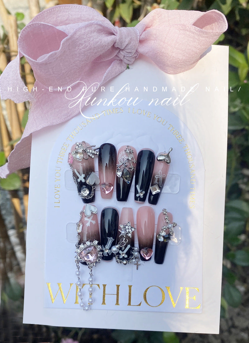 (Hand-Made Nail) Handmade Wear Nail Factory Straight Hair Sweet Hot Girl Ice through Pink Black Gradient Coloring Flash Heart Cool