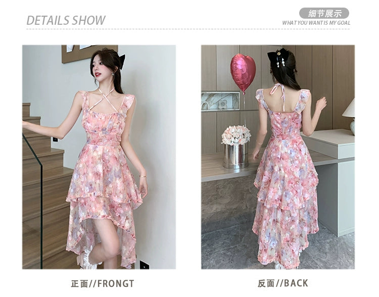 Fashion women's wear Sexy Halter Strap Floral Dress Women's Summer Seaside Vacation Beach Fairy Dress Irregular Trailing Skirt