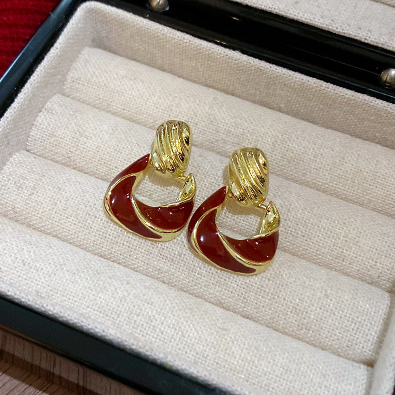 银针锆石花朵珍珠耳环新年轻奢高级感耳钉复古气质红色耳饰批发女