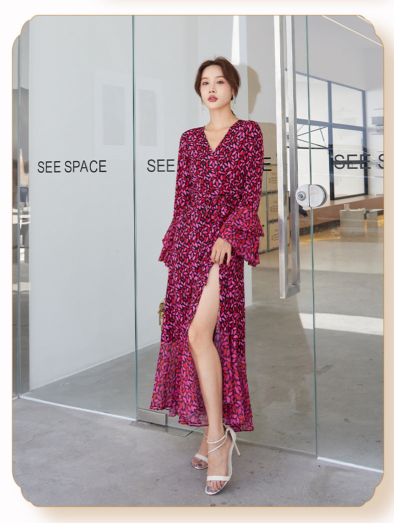 Fashion women's wear Small Red Lip Lantern Sleeve Collarless Long Dress One-Piece Elegant New Leopard Print Printed V-neck Lace-up Wrap Skirt