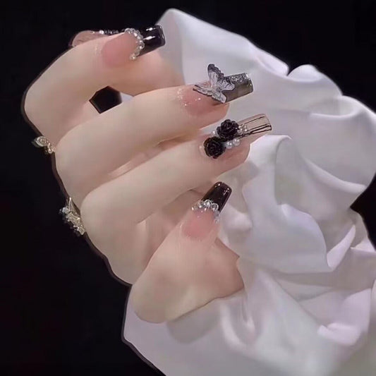 (reusable nail)Handmade Phototherapy Wearing Nail Black Camellia Flower Wearing Nail Wholesale Finished Products Reusable Nail Patch