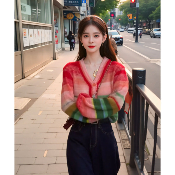 Dopamine tops Free shipping Tattoo Cross-border dopamine rainbow contrasting stripes knitted cardigan women's autumn new lazy age-reducing loose and sweet sweater