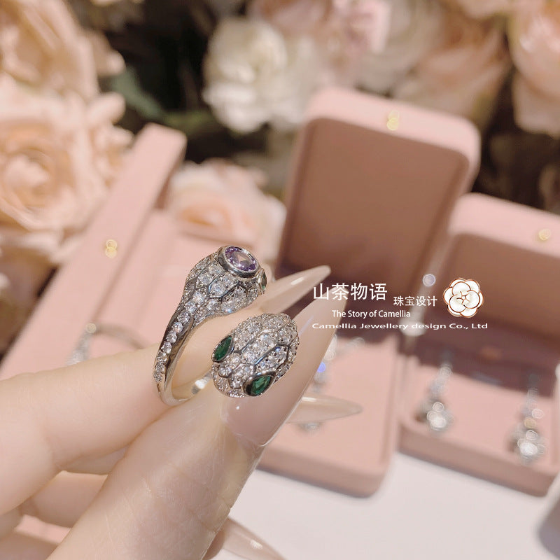 新品蛇形高级手镯高定珠宝紫水晶蛇套装紫钻灵蛇吊坠开口戒指彩宝