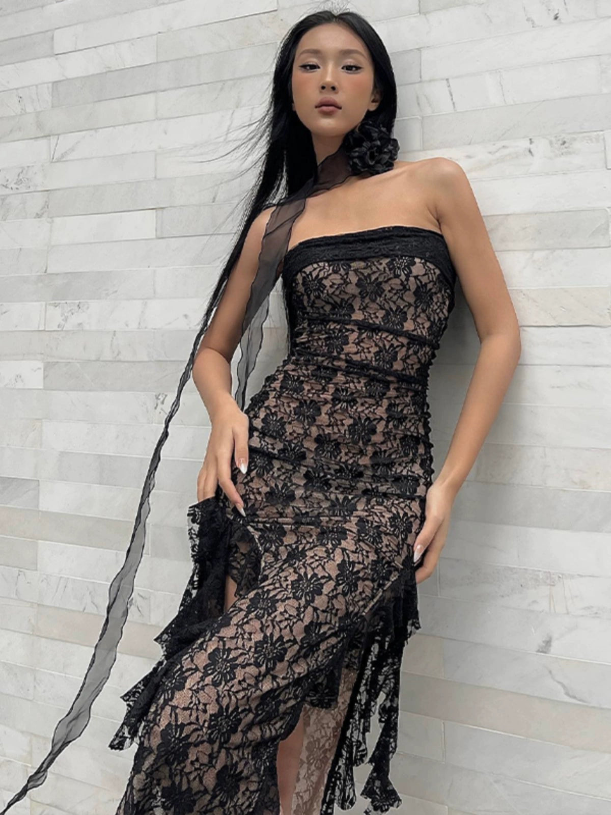 Fashion women's wear Sexy Black Lace Tube Top Dress 2024 Spring and Summer New Hot Girl Slim Slimming Sheath Slit Midi Skirt