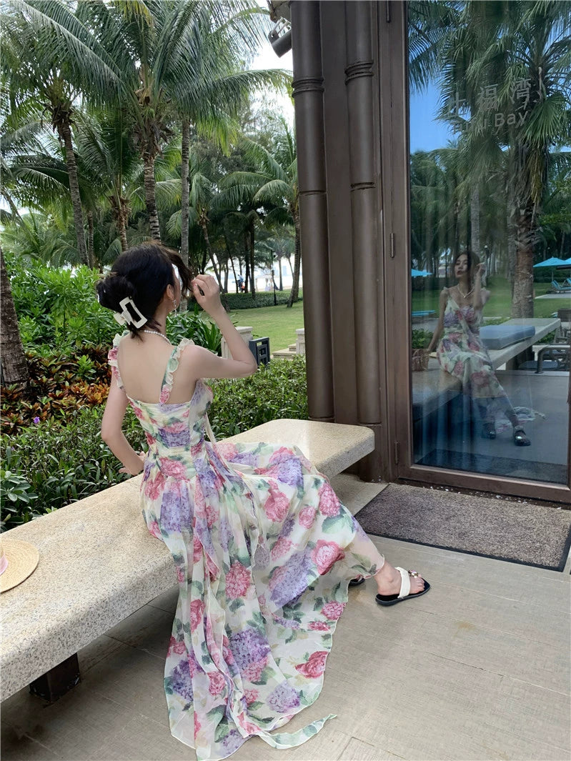 Fashion women's wear French Sweet Gentle Spaghetti-Strap Ruffle Floral Dress Women's Summer Vacation Fairy Large Swing Suspender Dress