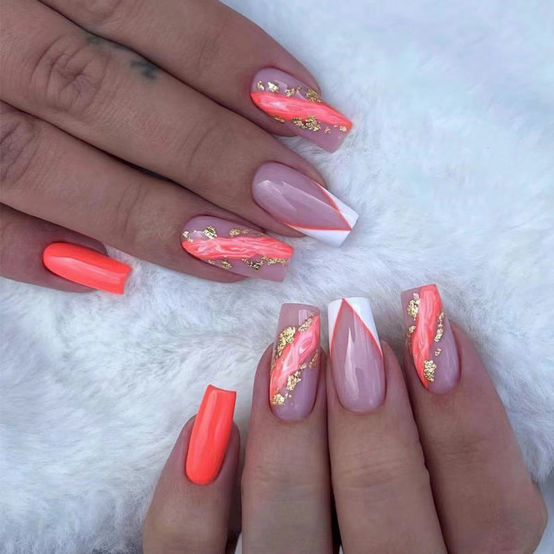 金箔丝带穿戴甲花纹nails 法式跨境美甲片外贸假指甲长甲美甲贴片