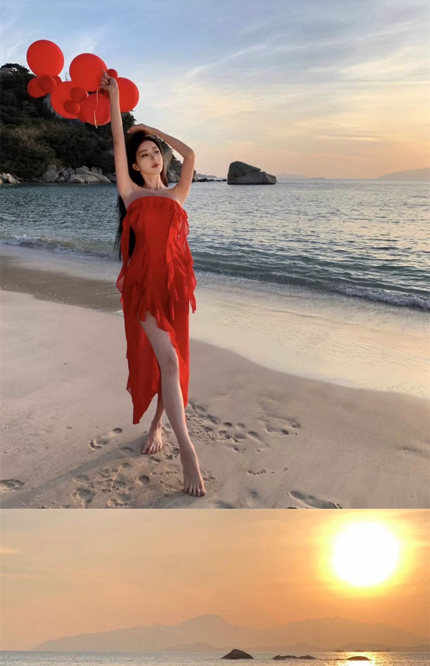 Fashion women's wear French Irregular Red Halter Spaghetti Straps Dress Women's Senior Sexy Beautiful Dress Seaside Holiday Beach Dress