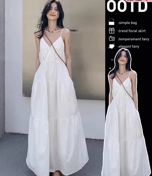 Fashion women's wear Tea Break French First Love White Suspender Dress Children Summer 2024 New Holiday High Sense Temperament Long Dress